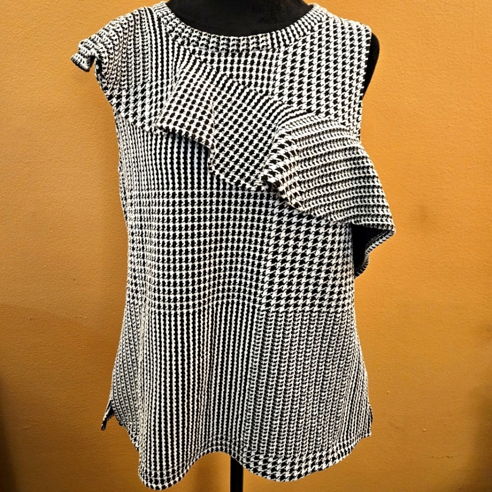 Dolan Black and White Asymmetrical Ruffled Sleeveless Blouse